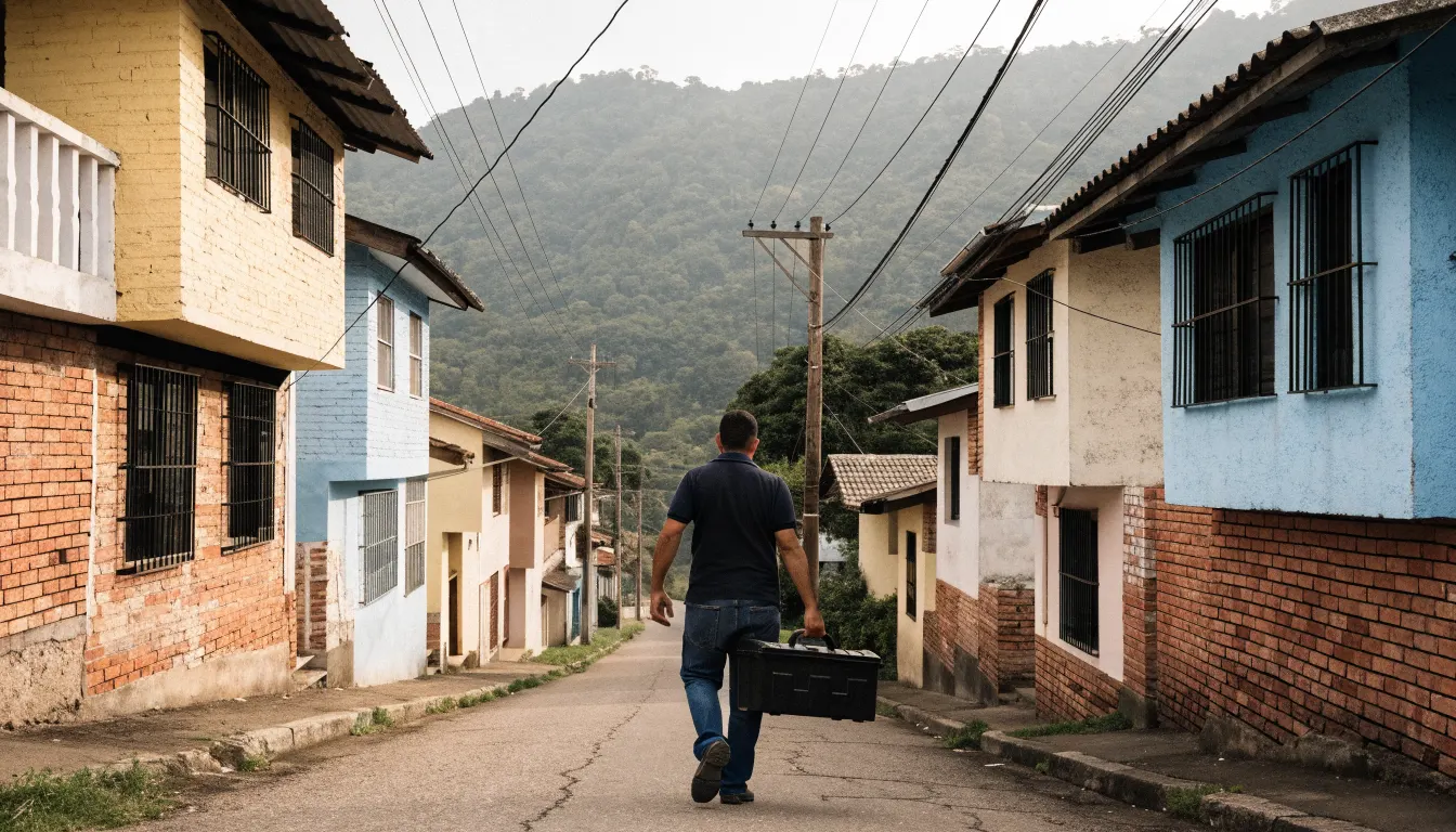 Técnico caminando con su caja de herramientas por una calle residencial de Medellín.