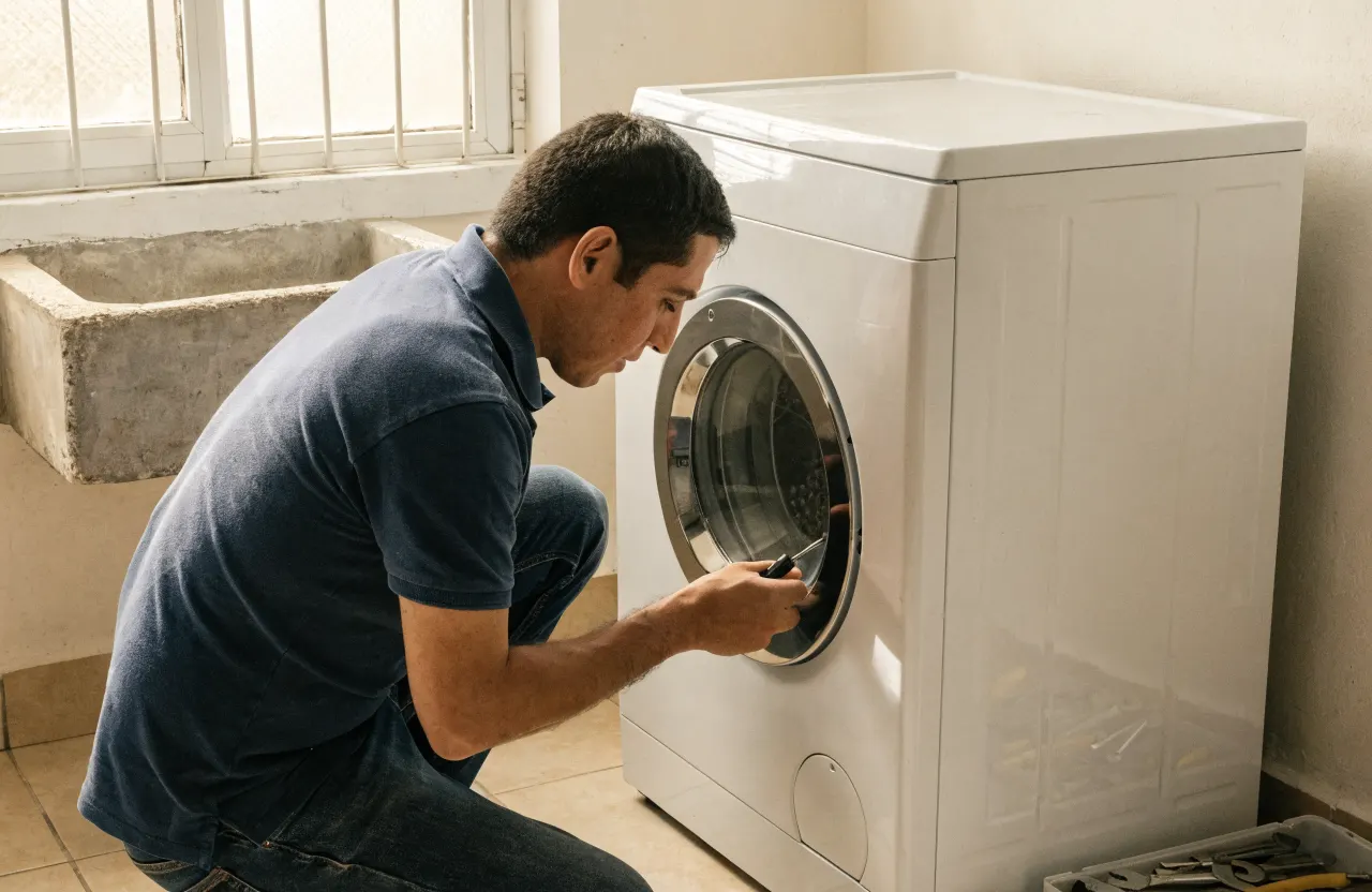 Técnico de electrodomésticos revisando una lavadora en una casa de Medellín.