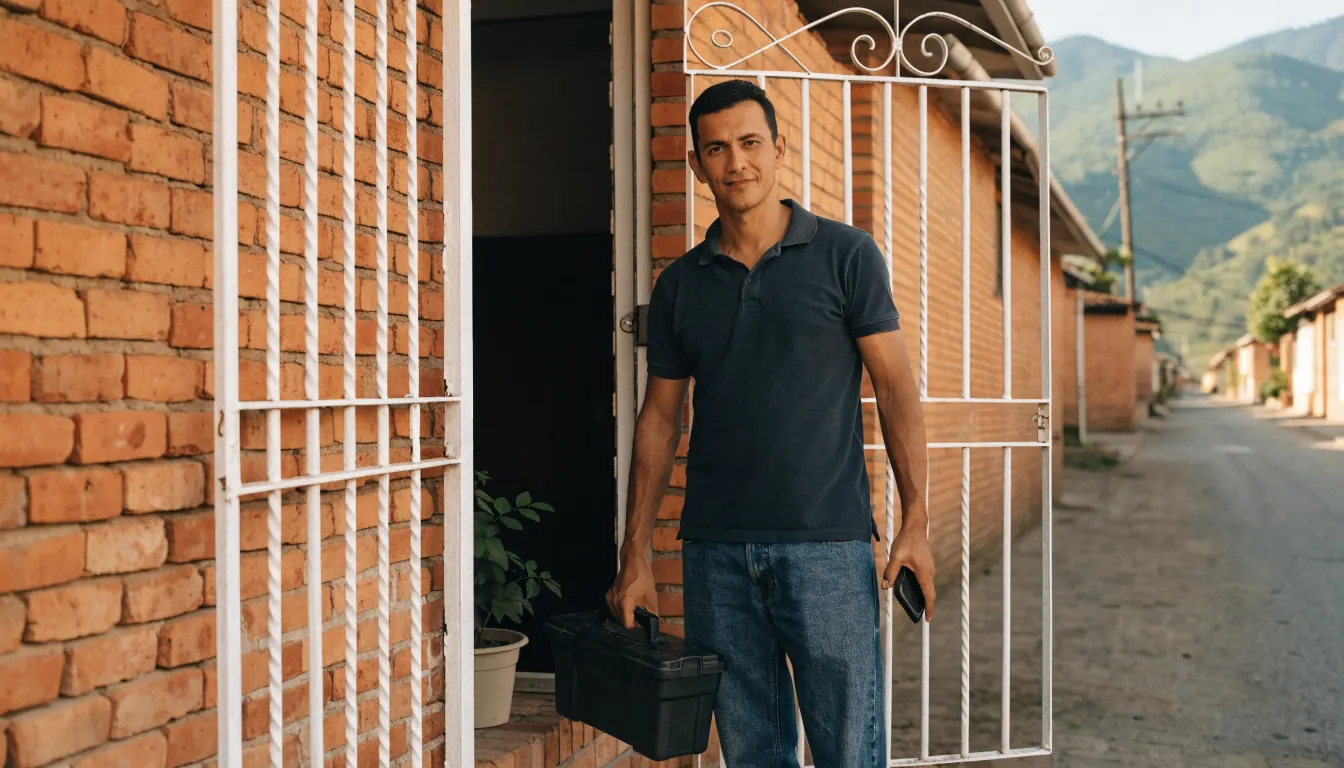 Técnico de electrodomésticos llegando con su caja de herramientas a la puerta de una casa en Medellín.