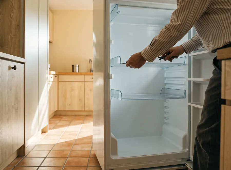 Técnico revisando el interior de una nevera abierta en una cocina.