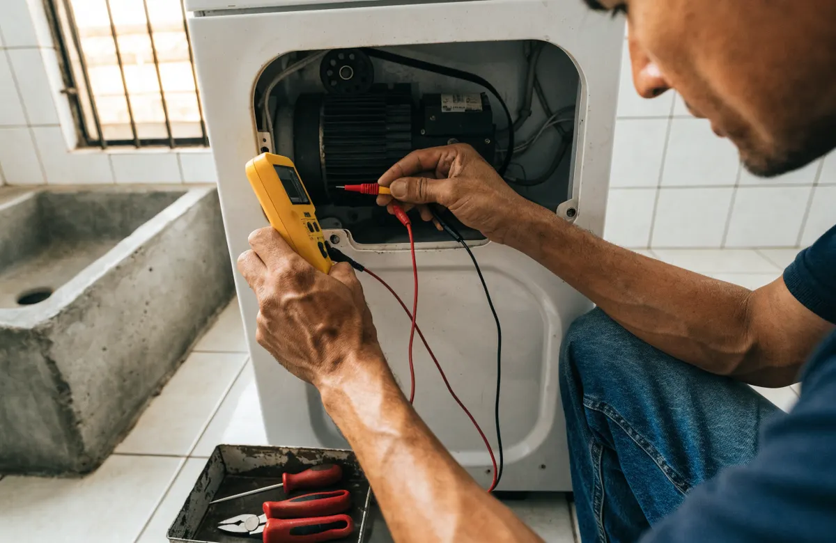 Técnico revisando el motor de una lavadora durante un mantenimiento preventivo.